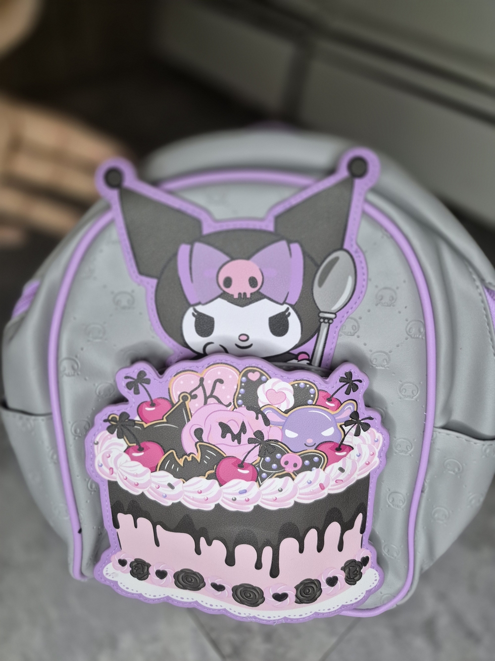 Kids Gray & Lavender Kuromi-Inspired Backpack with Pink Cake Patch
